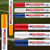 edding EK voetbal raamtekenset - 2x 4 kleuren krijtmarkers - 8 stuks - ronde/beitel punt - Schrijfbreedte van 2-3/4-15 mm - krijtstiften voor borden, uitwisbaar - voor het schrijven op ruiten, glas, spiegels - bordstift met dekkende kleuren