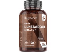 WeightWorld Lijnzaadolie capsules - 1000 mg - Rijk aan vegan omega 3, 6 en 9-vetzuren - 180 softgel capsules voor 6 maanden voorraad