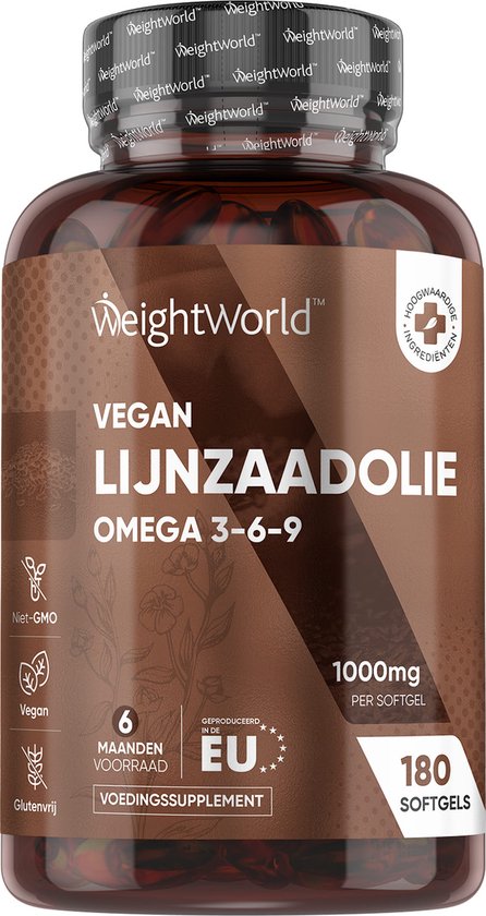 Bruine fles WeightWorld met vegan lijnzaadolie, 1000 mg, omega 3-6-9, 180 softgels.