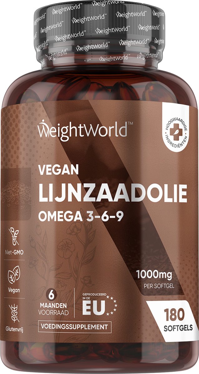 WeightWorld Lijnzaadolie capsules - 1000 mg - Rijk aan vegan omega 3, 6 en 9-vetzuren - 180 softgel capsules voor 6 maanden voorraad