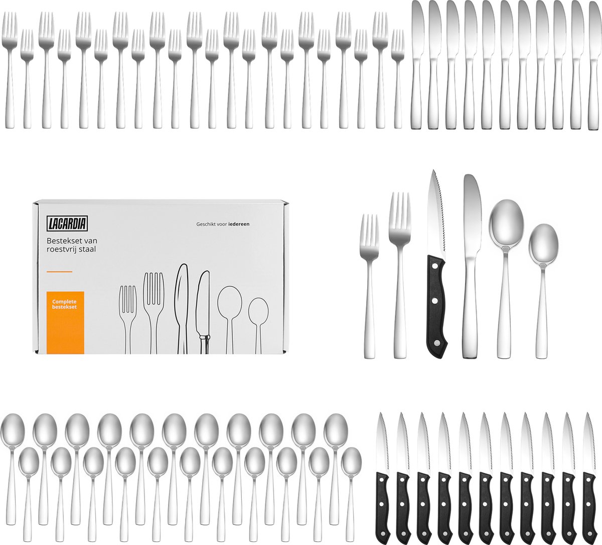 Bol.com LaCardia 12 Persoons Bestekset 72-Delig - Lepels - Messen - Vorken - Steakmessen - Vaatwasserbestendig - Bestek - Zilver... aanbieding