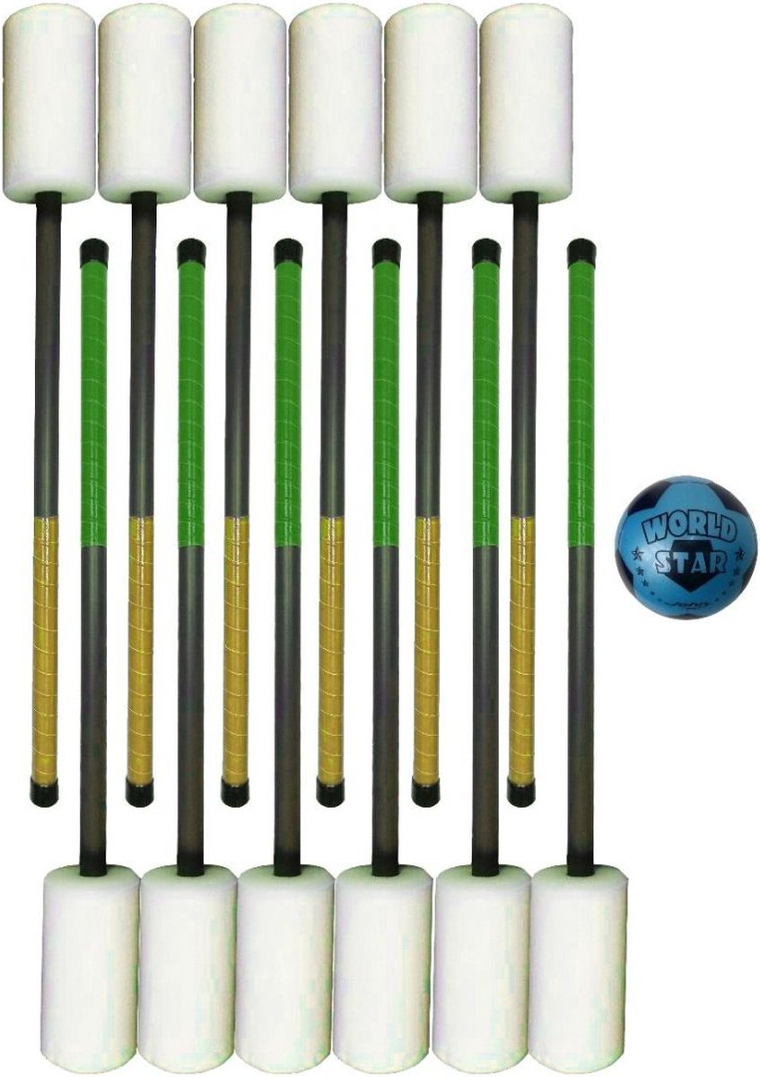 BounceBall | Knotsbal | Knotshockey | Tamponhockey | Groen-Geel | Set 12 PVC sticks + Bal