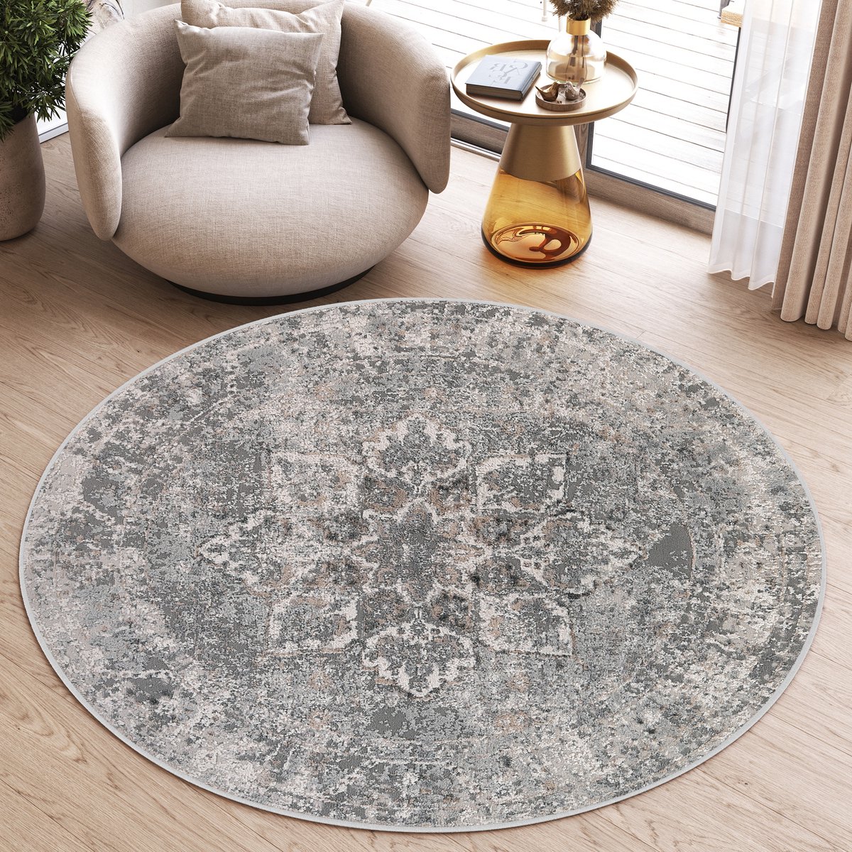 Tapiso Valley Rond Vloerkleed Grijs Laagpolig Woonkamer Tapijt Maat- 100x100