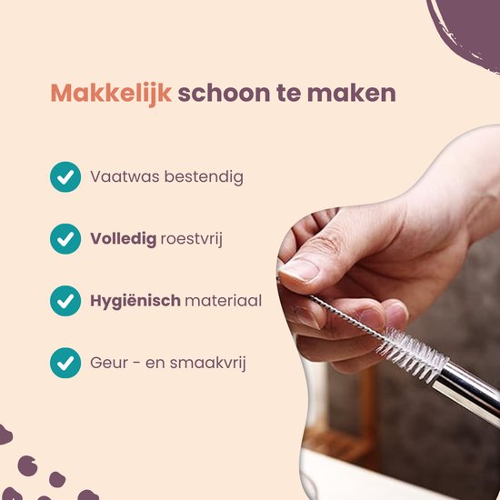 Een hand die een roestvrijstalen rietje schoonmaakt met een borsteltje, met de tekst 'Makkelijk schoon te maken'.