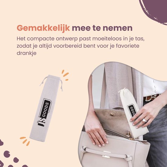 Een beige stoffen opbergzakje met 'JS GOODS' logo, waar een rietje in past, en een vrouw die het in haar tas stopt.