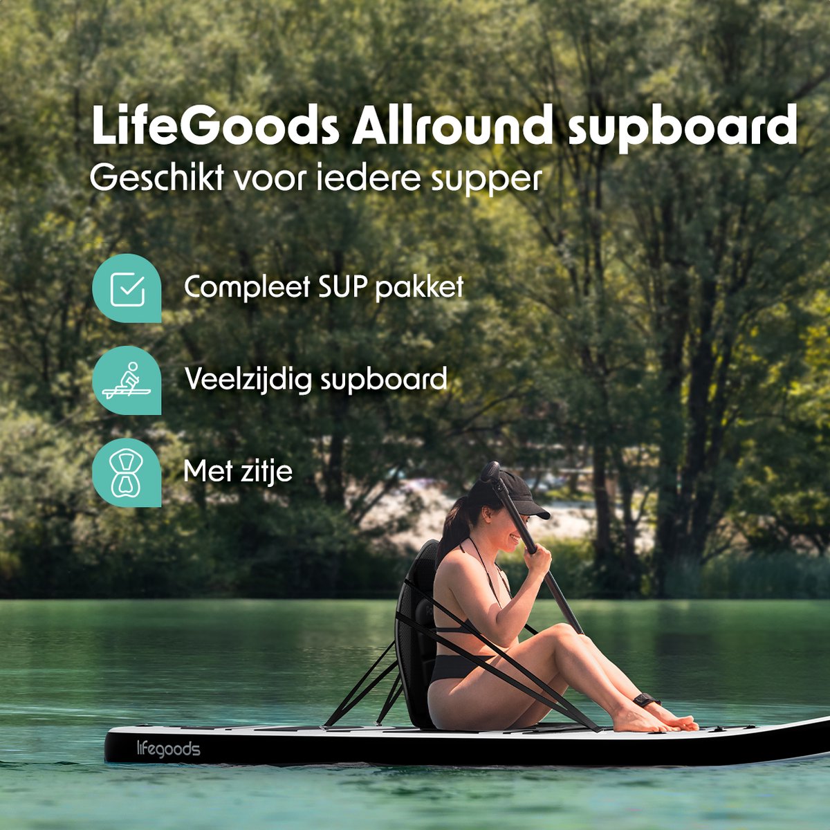 LifeGoods PaddlePro SUP Board - met Zitje - Opblaasbaar Paddle Board - Complete Set - Max. 150KG - 320x81cm - Wit/Zwart – foto 2