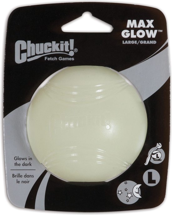 Een lichtgroene Chuckit! Max Glow bal, maat L, in een verpakking.