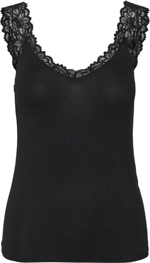 Zwarte tanktop met V-hals en kanten rand, op een witte achtergrond.