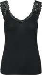Zwarte tanktop met V-hals en kanten rand, op een witte achtergrond.