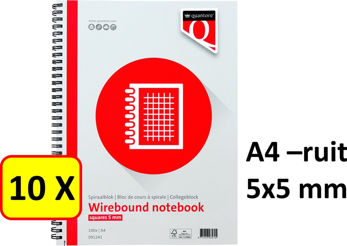 10 x Spiraalblok Quantore - A4 - Ruit 5x5mm - 70gr - 100vel