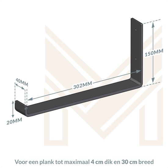 Marcellis - Support d'étagère industriel XL - 30cm - type 4 - noir mat - acier - métal - lot de 2 pièces - incl. Matériel de montage DOUBLE pour choix de couleur + embout de vis de marque A
