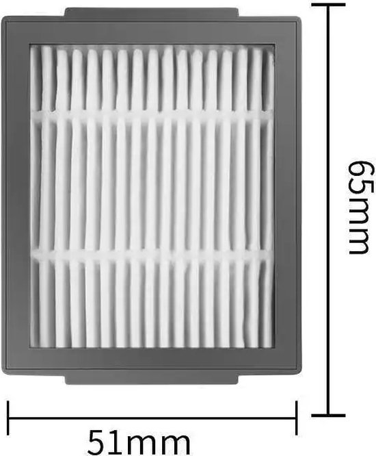Een Bramokava® HEPA-filter met afmetingen van 51mm x 65mm.