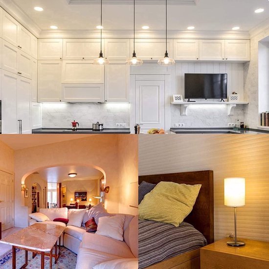 Moderne keuken met witte kasten, aanrechtverlichting, hanglampen en een tv. Woonkamer met banken en een salontafel. Slaapkamer met een bed en een nachtlampje.