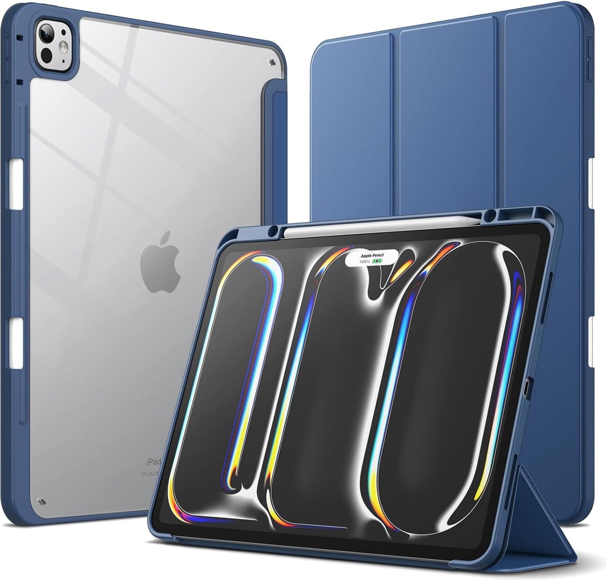 Geschikt voor Apple iPad Pro 13 inch M4 - Doorzichtig Transparante Achterkant - Schokbestendig - Book Case Hoesje - Blauw