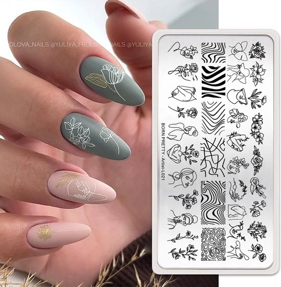 Nagelstempelplaat met lijntekeningen van gezichten en bloemen.