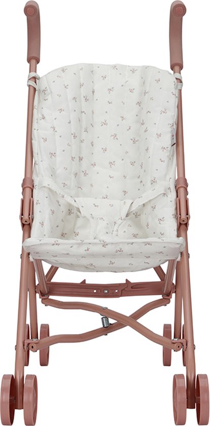 Vooraanzicht van een roze poppenbuggy met een wit zitje met bloemenpatroon, op een witte achtergrond.