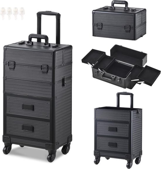 Cosmeticakoffer, trolley met lade, 3-in-1 make-upkoffer, professionele make- upkoffer, grote nagels, kapperskoffer, beautycase, nagelkoffer, multifunctionele koffer met wieltjes voor reizen, kappers