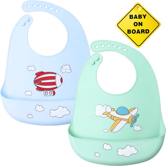Flouer Siliconen Slabbetje Baby - 2 Stuks - Inclusief Baby on Board Sticker - Blauw en Groen