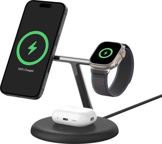 Belkin BoostCharge Pro 3-in-1 Draadloze Laadstandaard met Qi2 – Magsafe Compatibel