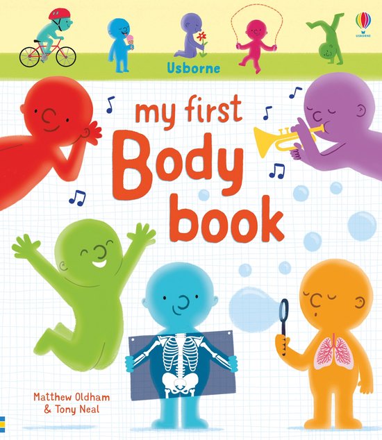 De cover van 'My First Body Book' met kleurrijke figuren die activiteiten uitvoeren en medische symbolen, waaronder een skelet en longen.