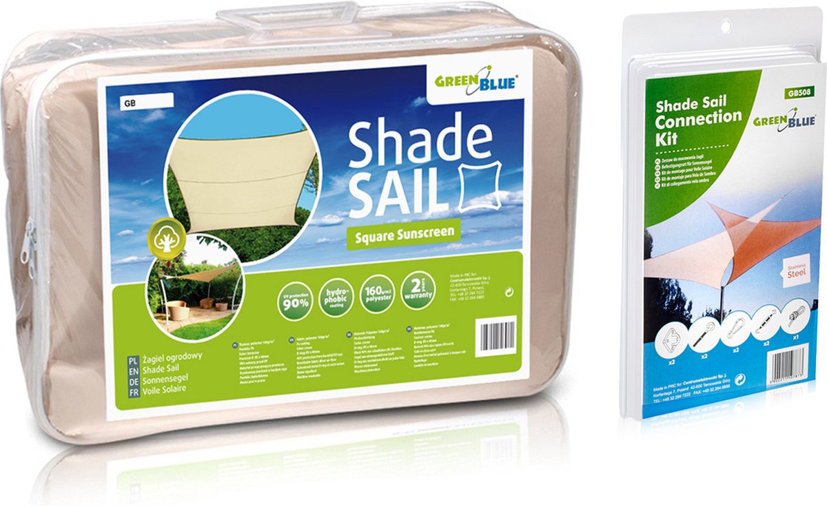 GreenBlue - Schaduwdoek - UV-schaduw tuinzeil - polyester - 3,6m - vierkant - crème en Universele Bevestigingset voor Schaduwdoeken