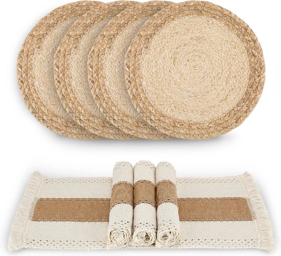 Lot De 4 Sets De Table Ronds - Style Bohème - En Jute Tissée Avec Pompon Mandala - Bohème, Farmhouse, Rétro - Décoration De Table Pour Restaurant