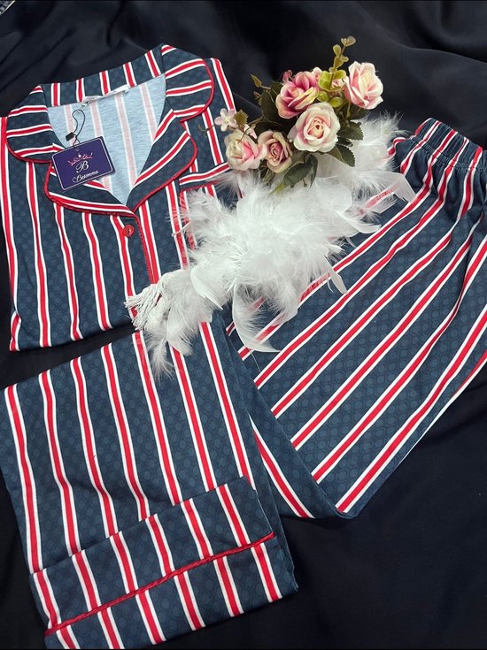 Dames 2- Delige -Pyjama- Luxe Pyjamaset- Nachtkleding- Homewear -Katoen- Cadeauset voor Vrouwen- Zomer- Gestreept Maat S