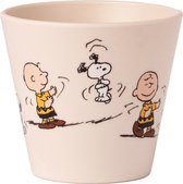 Quy Cup - 90ml Ecologische Reis Beker - Espressobeker "Peanuts Snoopy 8 Dancing” met licht blauw Siliconen deksel