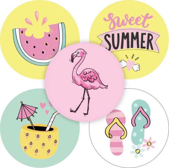 Zomervakantie Sluitsticker – Sluitzegel – Vakantie – Slipper – IJs – Flamingo – 5 assorti – Sweet Summer / Zomer | Stickers – Cadeau – Gift – Cadeauzakje – Traktatie | Leuk verpakt | Beloning Kids – Beloningsstickers | Jongen – Meisje | DH Collection