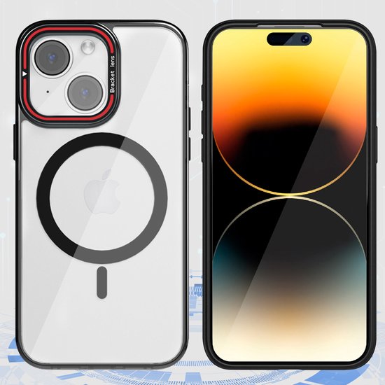 Transparant hoesje voor iPhone 14 met MagSafe cirkel, naast een iPhone 14 met scherm.
