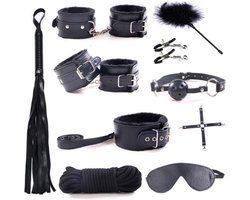 BDSM kit - Complete 13-delige Bondage Set - Unisex, Inclusief Handboeien, Enkelboeien, Oogmasker & Meer - Zwart - Geschikt voor Alle Koppels - Discreet Verzonden
