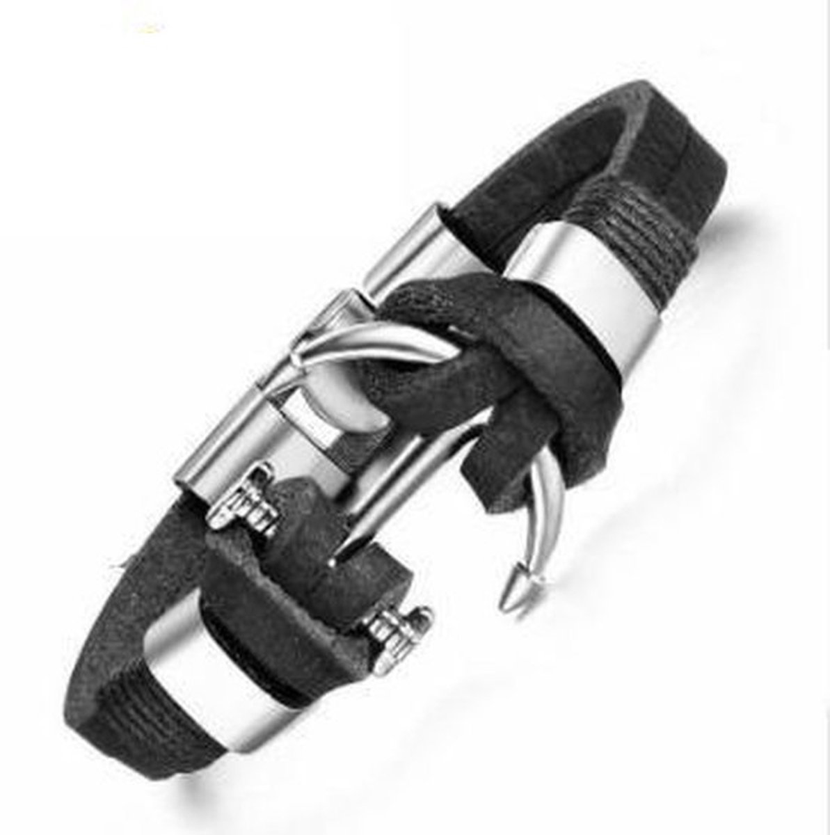 Leren anker armband zwart - armbandjesdirect -