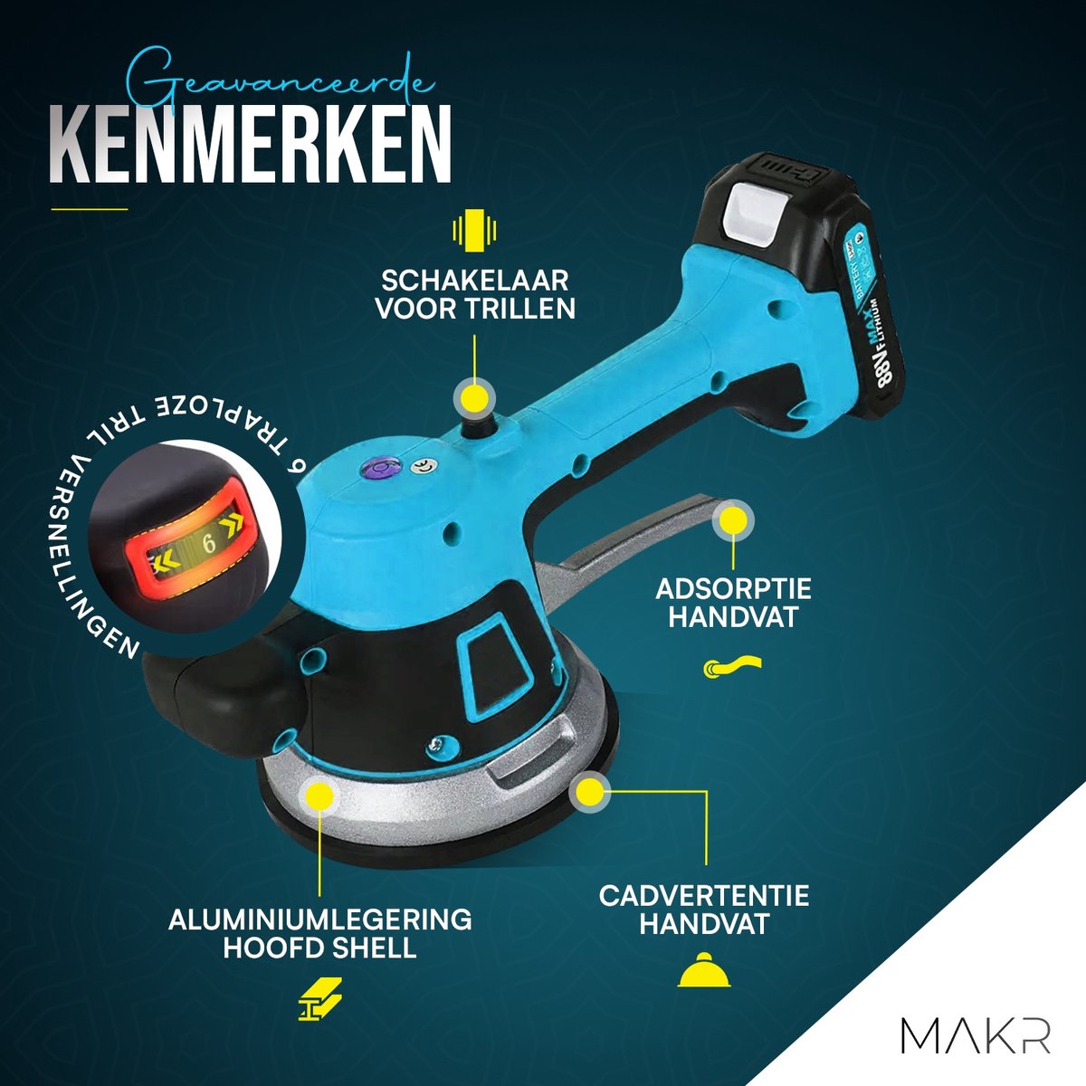 2-in-1 Accu-tegelvibrator Met Zuignappen – Voor Makita 18V Accu (excl.), Digitaal Display, 9 Snelheden, 220 Kg Zuigkracht, 0-14000 Tpm
