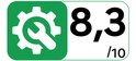 Groen logo met een moersleutel en tandwiel, naast de tekst '8,3 / 10'.