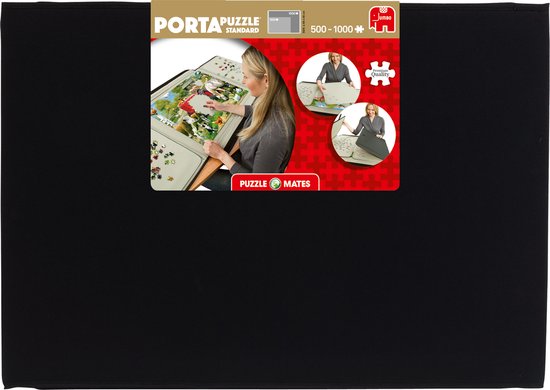 Zwarte puzzelmap met een label waarop een vrouw een puzzel maakt. De label toont "PortaPuzzle Standard 500-1000".