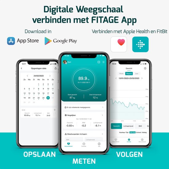 FITAGE LED Weegschaal Personenweegschaal Digitaal - Slimme Weegschaal met 17x Lichaamsanalyse - Weegschalen - FITAGE App