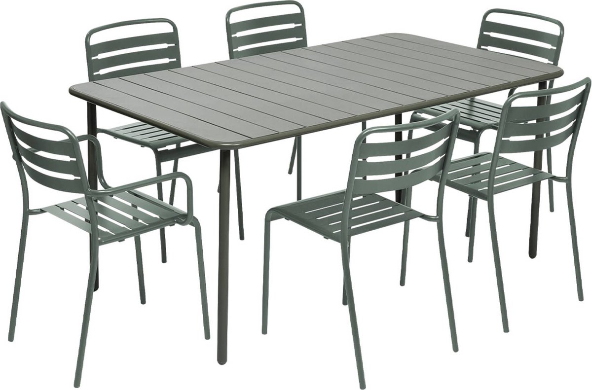 sweeek - Tuintafel + 6 stoelen, waarvan 2 met armleuning, roestvrij staal 160 x 90 x 72,5cm - amélie