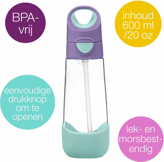 Transparante drinkfles van 600 ml met paarse dop en mintgroene hoes. BPA-vrij met een makkelijk te openen drukknoop.