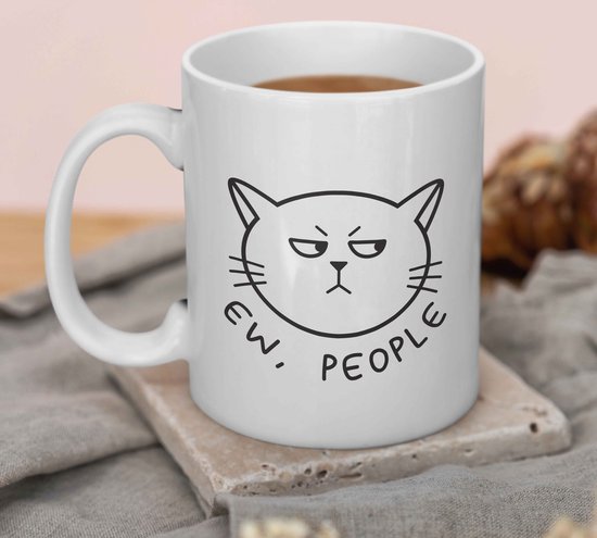 'Ew, People' Kat Mok met Tekst - 325 ml Keramische Koffiemokken met Oor - Grappige Koffiemok - Vaatwasmachine- en Magnetronbestendig - Cadeau Kattenliefhebber - Theemok - Kat Cadeau - Cat Mug