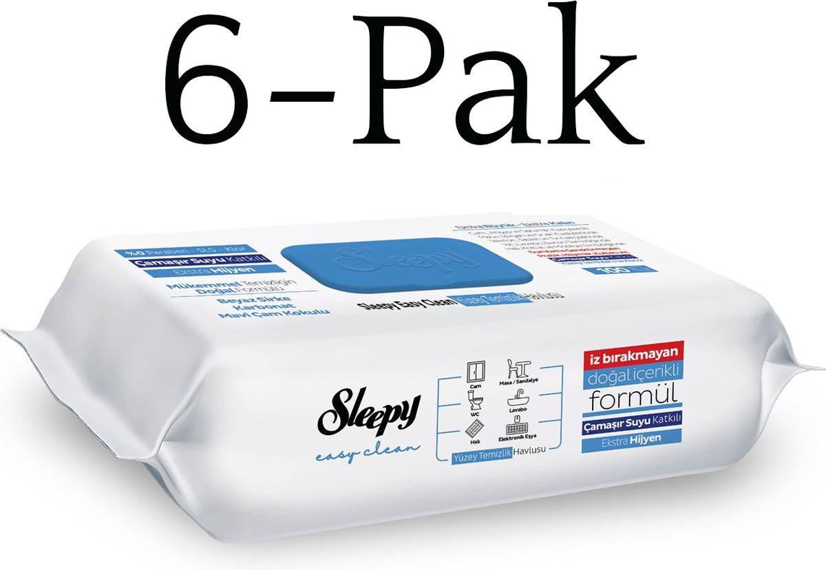 Sleepy 6-Pakket, Sleepy easy clean schoonmaak doekjes (100 doekjes) streeploos schoon, frisse geur, 0% parabeen en chloor. (geschikt voor ramen, badkamer, electronica, elke soort vloeren, enz.)