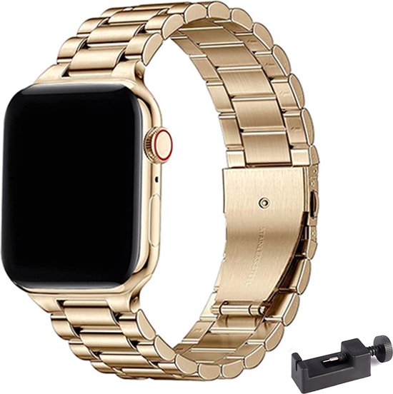 Goudkleurig metalen horlogebandje met schakels voor een Apple Watch, inclusief een zwarte bandenversteller.