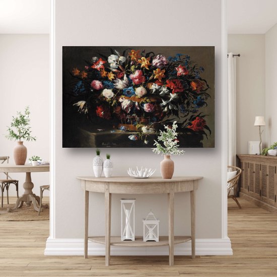 Kleine mand met bloemen - Juan de Arellano portret - Bloemen schilderijen - Muurdecoratie Natuur - Muurdecoratie modern - Muurdecoratie canvas met baklijst - Woonkamer decoratie canvas met baklijst 90x60 cm