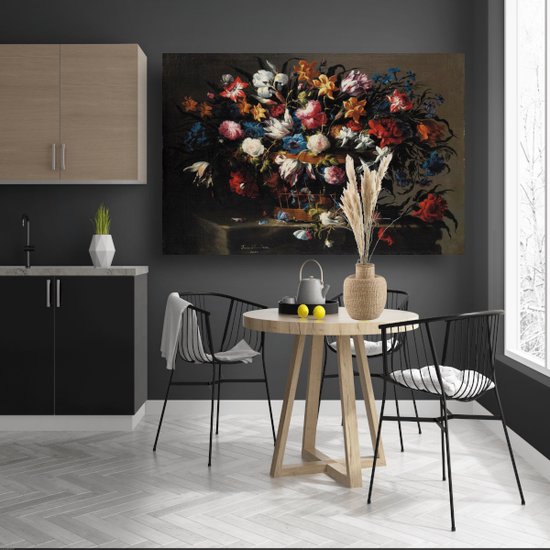 Kleine mand met bloemen - Juan de Arellano portret - Bloemen schilderijen - Muurdecoratie Natuur - Muurdecoratie modern - Muurdecoratie canvas met baklijst - Woonkamer decoratie canvas met baklijst 90x60 cm