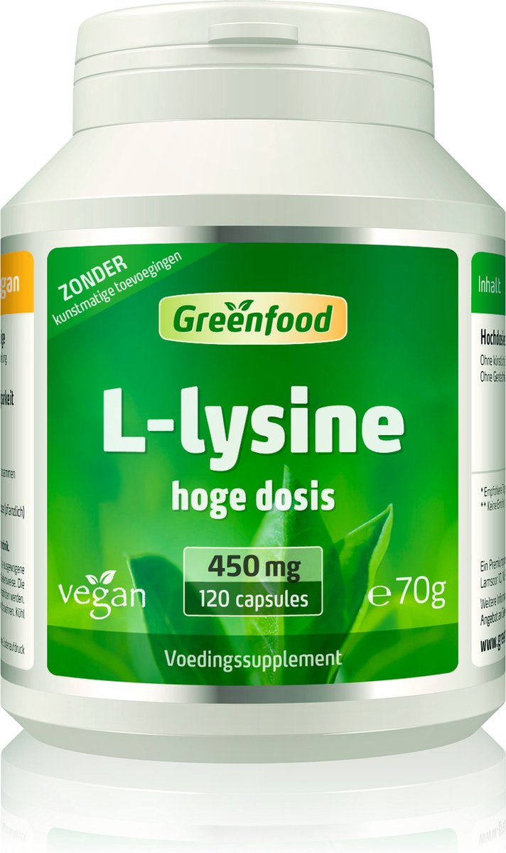 Goedkoopste Greenfood L-lysine, 450 mg, hoog gedoseerd, 120 capsules, veganistisch - belangrijk en essentieel aminozuur. Zonder kunstmatige toevoegingen, Zonder genetische manipulatie.