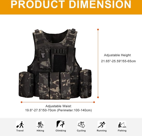 Lixada tactisch vest, met Molle-systeem, voor kamperen, wandelen, versterkt Oxford geweven textiel (600D