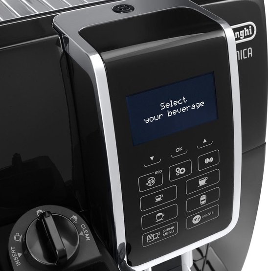 Close-up van het bedieningspaneel van de zwarte De'Longhi Dinamica espressomachine met touchscreen.