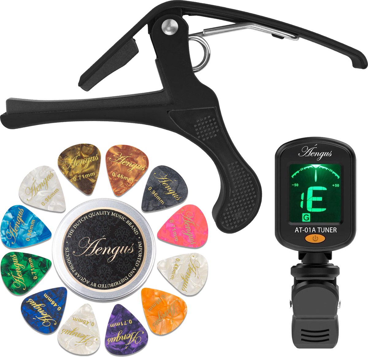 Áengus accessoires set voor Klassieke Gitaar, basis - gitaartuner, capo en blikje met 12 plectrums