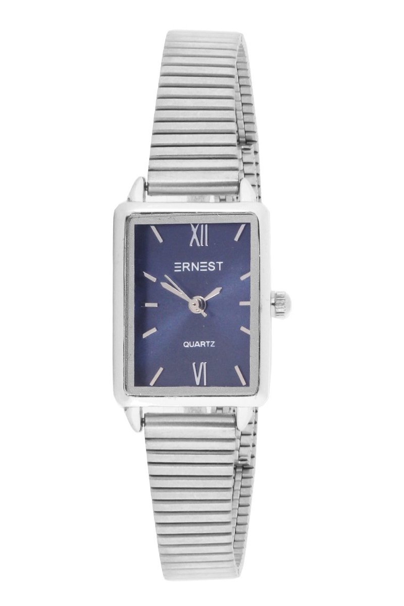 Horloge Bernyce Zilver Blauw - Ernest - Inclusief Batterij - Volledig RVS - Unisex- Nikkelvrij