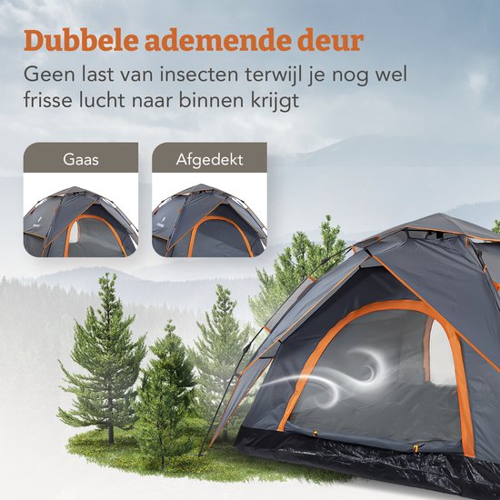 Automatische tent met oranje accenten, illustreert dubbele deuren die geopend en gesloten kunnen worden voor ventilatie en bescherming tegen insecten.