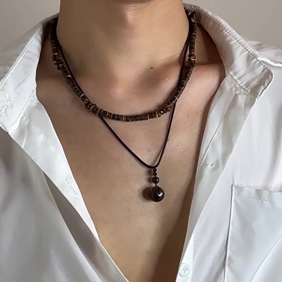 Helin life Klassieke ketting heren - Kettingen set-Natuursteen&Houten kralen -Schakelketting - 45+7cm-Mannen Cadeautjes